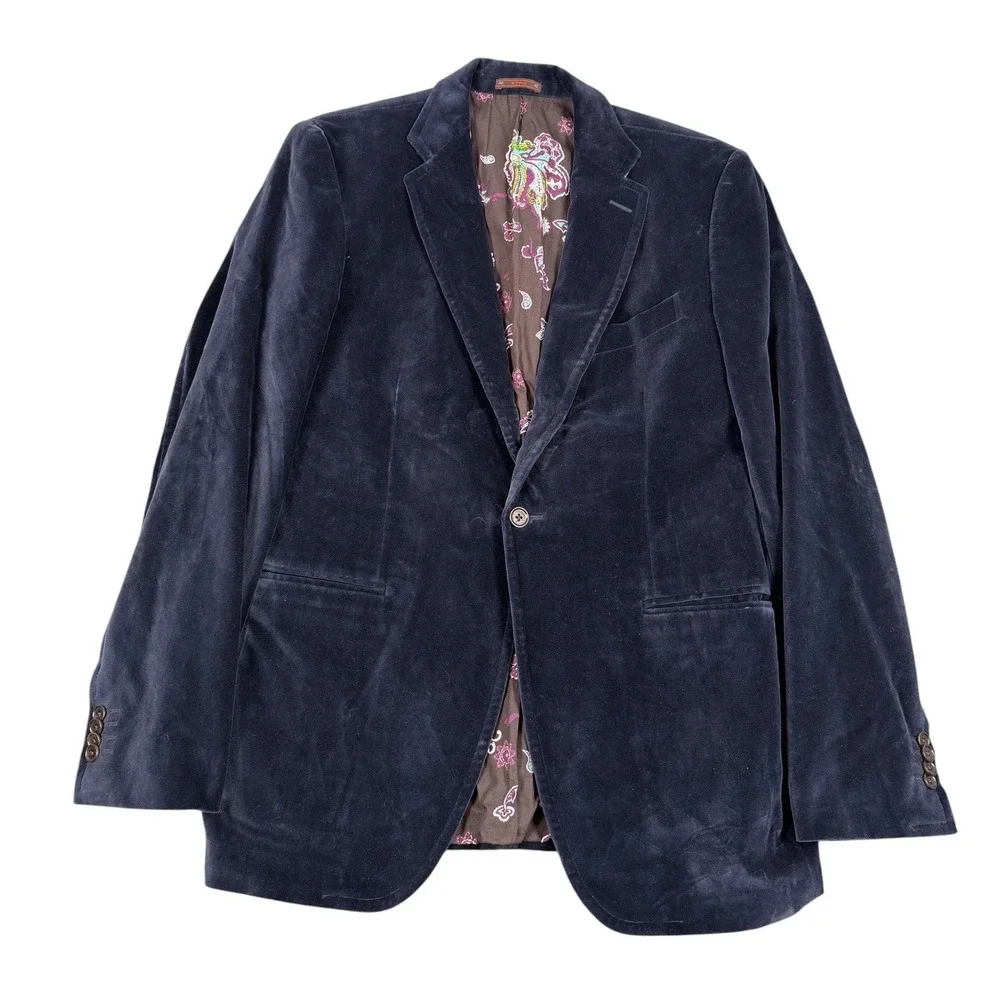 Etro Velvet Blazer Men IT 50 Blue Paisley Lining Two Button Made In Italy